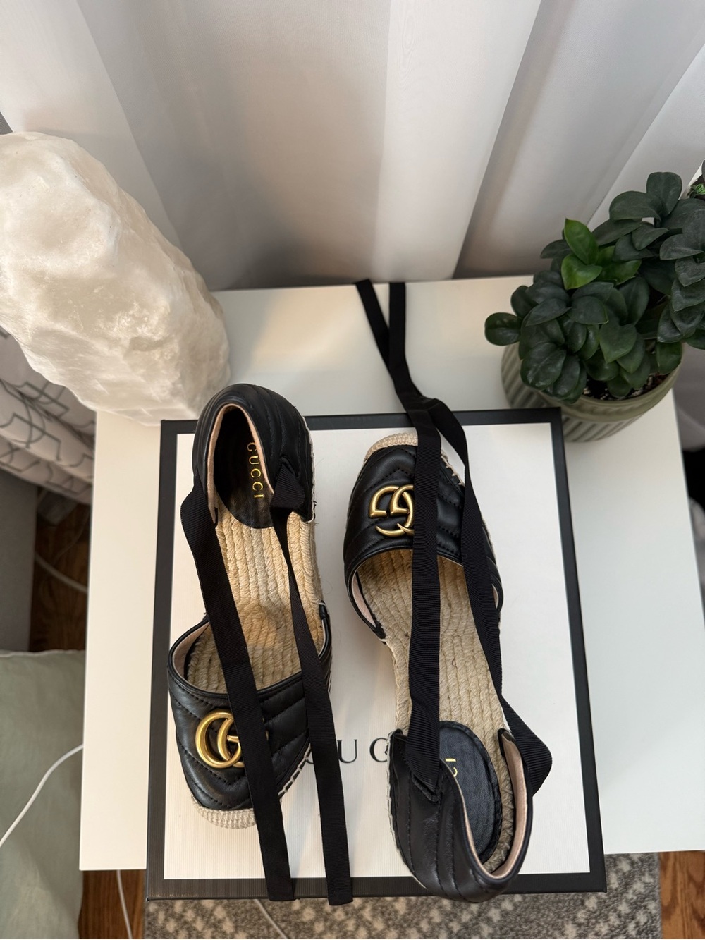 Gucci Black Leather Espadrille Wedge Sandals with Gold Double G - Picture 6 of 9